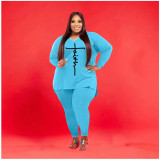 Plus Size Letter Print V Neck Long Sleeve 2 Piece Sets WAF-77267