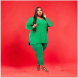 Plus Size Solid V Neck Long Sleeve Two Piece Pants Set WAF-77262