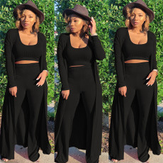 Plus Size Solid Ribbed Long Cloak+Tank Top+Pants 3 Piece Sets SH-403