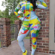 Plus Size Map Print Long Sleeve 2 Piece Pants Set SH-390005