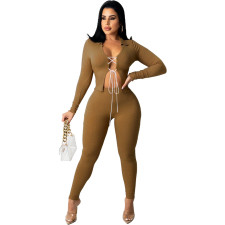 Solid Long Sleeve Lace-Up Two Piece Pants Set ZNF-9108
