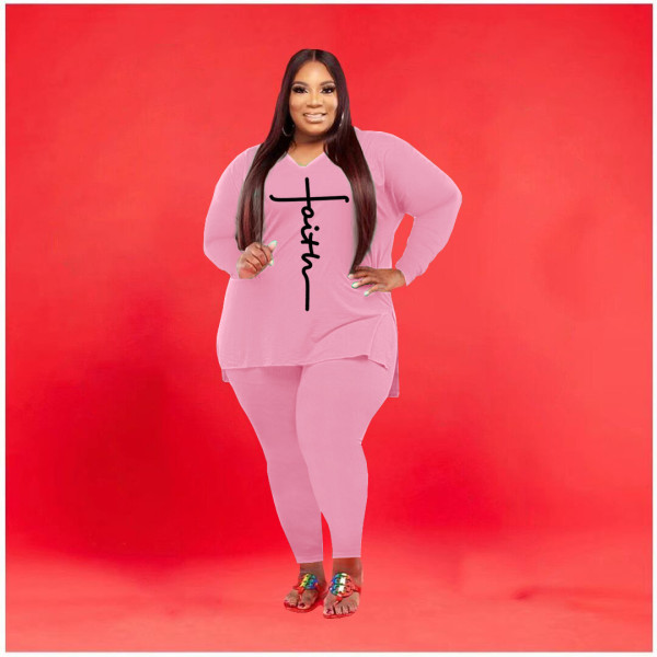 Plus Size Letter Print V Neck Long Sleeve 2 Piece Sets WAF-77267