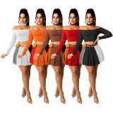 Sexy Off Shoulder Long Sleeve Pleated Mini Skirt 2 Piece Sets TR-1175