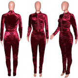 Solid Velvet Ruched Long Sleeve Split Pants 2 Piece Suits SH-390070