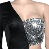 Sexy Sequin Patchwork One Shoulder Romper SH-390209
