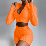Solid Sports Long Sleeve Zipper 2 Piece Shorts Set SH-390110