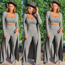 Plus Size Solid Ribbed Long Cloak+Tank Top+Pants 3 Piece Sets SH-403