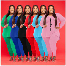 Plus Size Letter Print V Neck Long Sleeve 2 Piece Sets WAF-77267