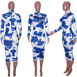 Sexy Printed Long Sleeve Zipper Maxi Dress SH-390056