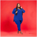 Plus Size Solid V Neck Long Sleeve Two Piece Pants Set WAF-77262