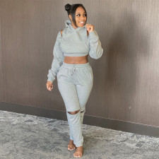 Solid Hooded Cold Shoulder Crop Top+Hole Pants 2 Piece Suits SH-390003