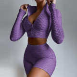 Solid Sports Long Sleeve Zipper 2 Piece Shorts Set SH-390110
