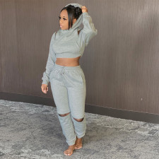 Solid Hooded Cold Shoulder Crop Top+Hole Pants 2 Piece Suits SH-390003
