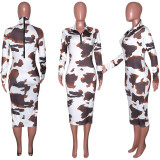 Sexy Printed Long Sleeve Zipper Maxi Dress SH-390056