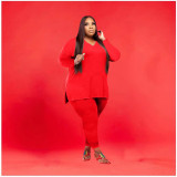 Plus Size Solid V Neck Long Sleeve Two Piece Pants Set WAF-77262