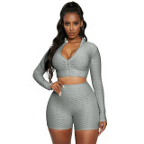 Solid Sports Long Sleeve Zipper 2 Piece Shorts Set SH-390110