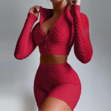 Solid Sports Long Sleeve Zipper 2 Piece Shorts Set SH-390110