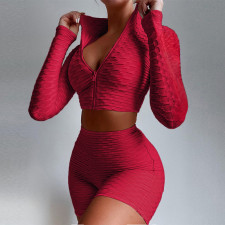 Solid Sports Long Sleeve Zipper 2 Piece Shorts Set SH-390110