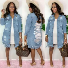 Denim Ripped Hole Tassel Full Sleeve Casual Long Coat SH-390000