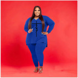 Plus Size Letter Print V Neck Long Sleeve 2 Piece Sets WAF-77267
