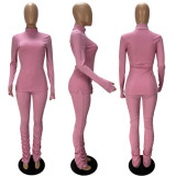 Solid Long Sleeve Turtleneck Stacked Pants 2 Piece Sets XYF-9116