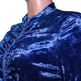 Solid Velvet Ruched Long Sleeve Split Pants 2 Piece Suits SH-390070