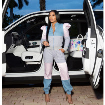 Contrast Color Patchwork Puff Sleeve Zip 2 Piece Suits XYF-9115