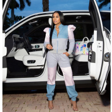 Contrast Color Patchwork Puff Sleeve Zip 2 Piece Suits XYF-9115