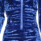 Solid Velvet Ruched Long Sleeve Split Pants 2 Piece Suits SH-390070