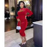 Sexy Solid Hollow Out Long Sleeve Midi Dress FOSF-8101