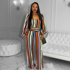 Colorful Striped Long Sleeve Two Piece Pants Set HMS-5508