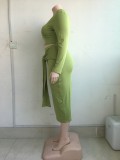Plus Size Solid Long Sleeve Midi Skirt Two Piece Sets SMD-82083