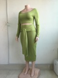 Plus Size Solid Long Sleeve Midi Skirt Two Piece Sets SMD-82083