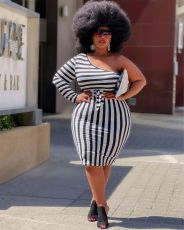 Plus Size Striped One Shoulder Sashes Bodycon Dress QSF-51042