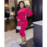 Sexy Solid Hollow Out Long Sleeve Midi Dress FOSF-8101