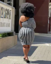 Plus Size Striped One Shoulder Sashes Bodycon Dress QSF-51042