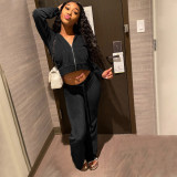 Solid Velvet Hooded Long Sleeve Zipper 2 Piece Pants Set FSL-F172
