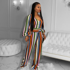 Colorful Striped Long Sleeve Two Piece Pants Set HMS-5508