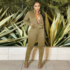 Casual Solid Long Sleeve Zipper Two Piece Pants Set CH-8192