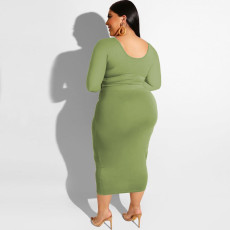 Plus Size Solid Long Sleeve Midi Skirt Two Piece Sets SMD-82083