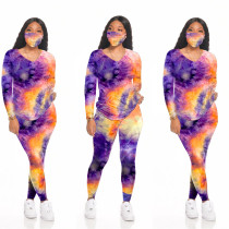 Plus Size Tie Dye Print V Neck Long Sleeve 2 Piece Suits With Mask SH-3891