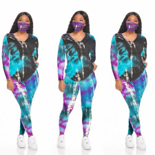 Plus Size Tie Dye Print V Neck Long Sleeve 2 Piece Suits With Mask SH-3891