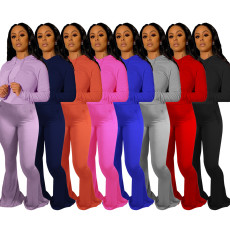 Casual Solid Hoodie Flared Pants Two Piece Suits IV-8249