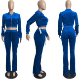 Solid Velvet Long Sleeve Zipper 2 Piece Pants Set FSL-F171
