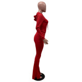 Casual Solid Hoodie Flared Pants Two Piece Suits IV-8249