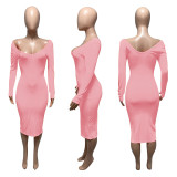 Solid Ribbed Long Sleeve Slim Midi Dress ME-21S951