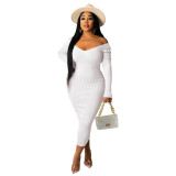 Solid Ribbed Long Sleeve Slim Midi Dress ME-21S951