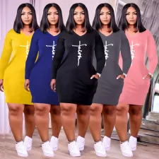 Plus Size Letter Print V Neck Long Sleeve Mini Dress PHF-13253