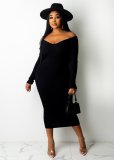Solid Ribbed Long Sleeve Slim Midi Dress ME-21S951