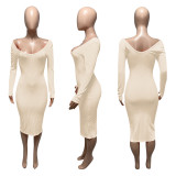 Solid Ribbed Long Sleeve Slim Midi Dress ME-21S951